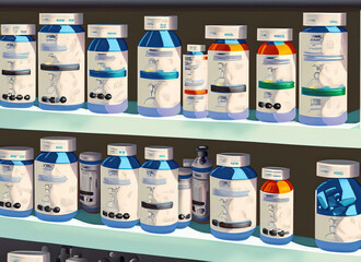 Prescription bottles on shelves in a pharmacy