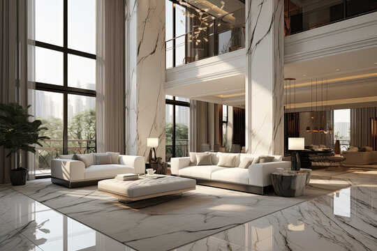 Lavish fancy modern house apartment home interior, marble floor, High ceilings, High glass windows, art deco inspired 