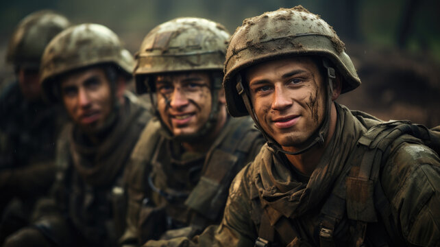 Smiling soldiers pose for photo after training, men in modern uniform in forest. Portrait of group of happy military male with dirty faces. Concept of war, army, young people