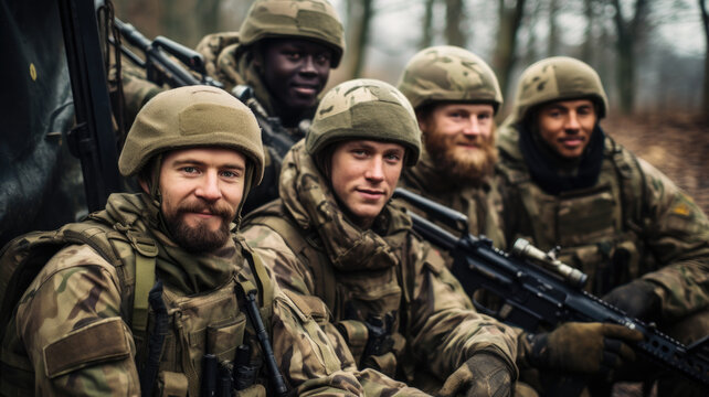 Smiling soldiers with weapon pose for photo, men in modern uniform and equipment in forest. Portrait of group of happy military male close-up. Concept of war, US army, young people