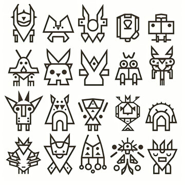 set of black and white abstract doodle creatures animals icons tattoo flash sheet