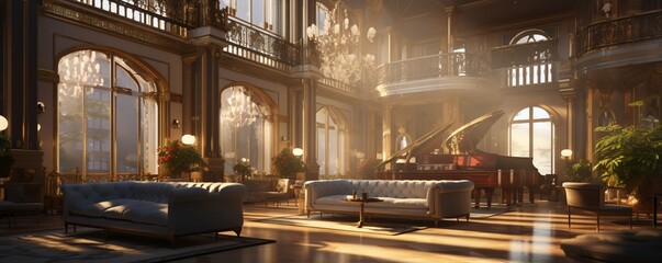 A realistic and well-lit image showcasing the interior of a luxury hotel's lobby without seating, focusing on the vast open space and architectural marvels that define the opulence of the environment. - obrazy, fototapety, plakaty