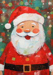 Santa Claus Christmas, greeting card style illustration, gouache, impasto, acrylic painting texture, spackle, collage art, paint textures, cute holiday themed, adorable North Pole