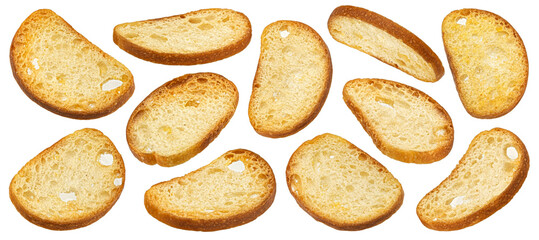 Baked crackers, round bread croutons isolated on white background