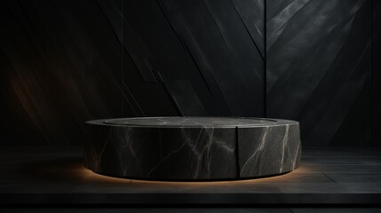  the beauty of a black stone pedestal or platform against a deep dark background. The composition offers clean lines and a sense of luxury, suitable for various creative purposes.