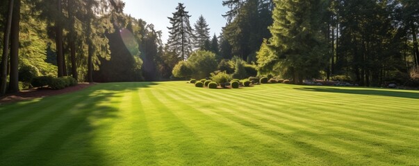  the beauty of a well-maintained lawn surrounded by a forest of trees. The image's composition offers a peaceful and natural background with copy space for creative use.