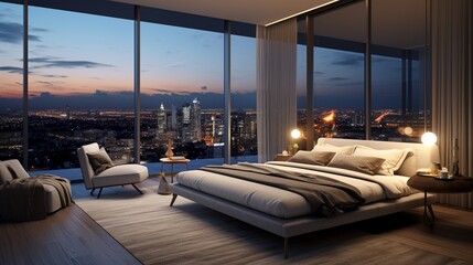  the bedroom of a luxury penthouse, with a king-sized bed, premium bedding, and floor-to-ceiling windows offering stunning views. The room's design exudes tranquility and sophistication.