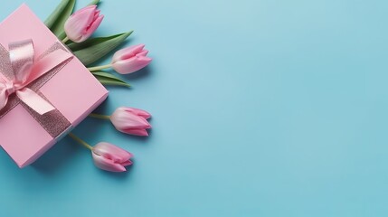 Obraz na płótnie Canvas Mother's Day decorations concept. Top view photo of blue giftbox with ribbon bow and bouquet of pink tulips on isolated pastel pink background with copyspace. Holiday web banner. Top view. Tenderness
