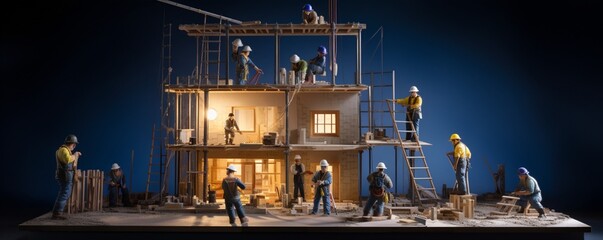A high-resolution image capturing the miniature construction workers at the early stages of building a small house on a blueprint.