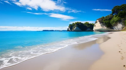 Tuinposter A picturesque and high-quality image of Cathedral Cove beach during a peaceful summer day, where the absence of people allows you to fully appreciate the natural wonder of this stunning location. © ZUBI CREATIONS