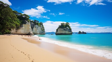 A picturesque and high-quality image of Cathedral Cove beach during a peaceful summer day, where the absence of people allows you to fully appreciate the natural wonder of this stunning location.