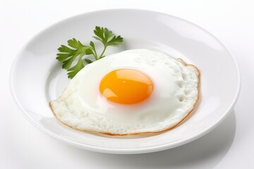 Perfectly cooked fried egg with golden yolk on white plate, isolated on white background - obrazy, fototapety, plakaty