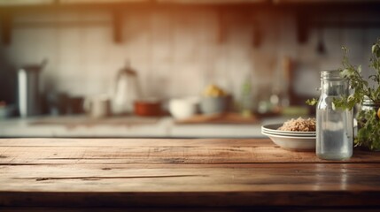 the simplicity of an empty wooden table in a kitchen, with a background softly blurred to emphasize the rustic charm and potential for culinary delights.