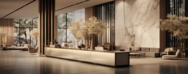  the interior of a boutique hotel's lobby, with the reception desk as the central feature.