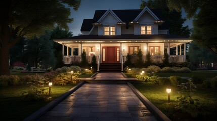  a house with a spacious front yard and a walkway that transforms beautifully from day to night. The composition captures the elegance and functionality of the outdoor space.