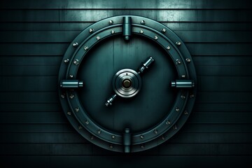 Front view of a closed bank vault door for background or wallpaper with a vintage security safe box