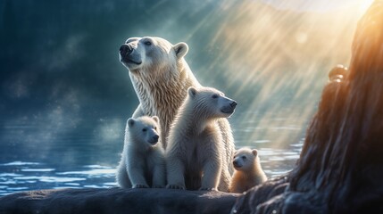 polar bear mom and cubs surrounded by melting ice	