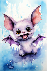 Watercolor Painting, Cartoon Bat for Halloween, Generative AI