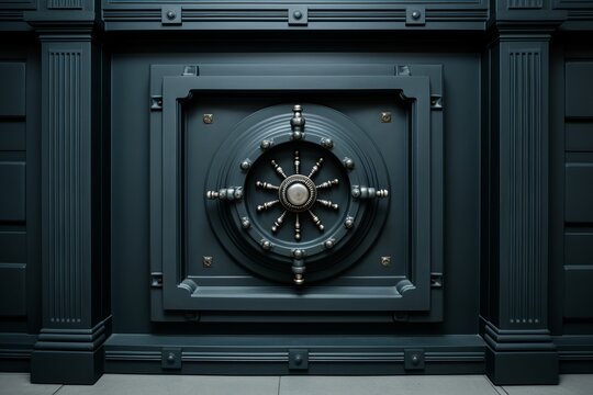 Antique closed door of a weathered security safe box, featuring a front view of a robust bank vault