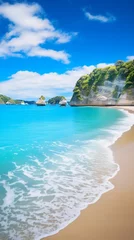 Rollo A realistic and well-lit photograph showcasing Cathedral Cove beach on a bright summer day, with no people around. The panoramic view accentuates the unspoiled natural beauty of the coastal landscape. © ZUBI CREATIONS