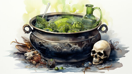 Watercolor Painting, Witch's Cauldron with a Green Mixture Containing Bones and Skulls, Generative AI