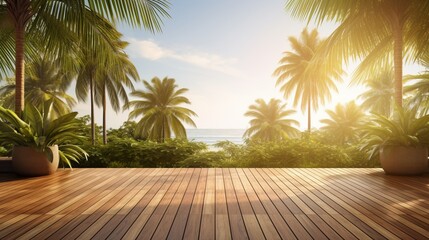 A serene and inviting wooden balcony patio deck with abundant sunlight, offering a breathtaking panorama of swaying coconut trees. - obrazy, fototapety, plakaty