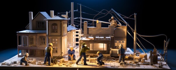 miniature construction scene, where miniature workers are using tiny tools to construct a house on...