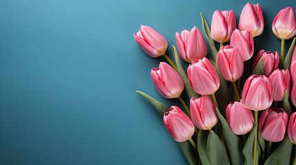 Beautiful pink tulips isolated on a blue background, copy space, space for ad copy, high resolution, detailed, plantlife, floral, flowers, tulip perennial herbaceous bulbiferous geophytes