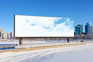 Obraz premium Cityscape with blank street billboard poster stand on bright winter day in urban setting