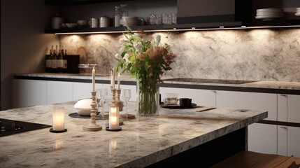 A realistic and well-lit image showcasing a close-up of a marble granite kitchen counter island with a selection of products elegantly displayed.