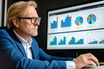 Man and computer with graphs,diagrams and charts on screen. Financial development, Banking Account, Statistics	