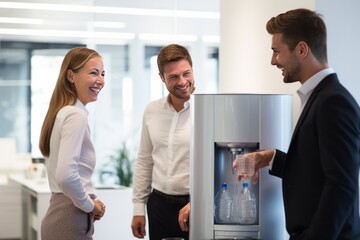 Office workers talking by the water cooler. 