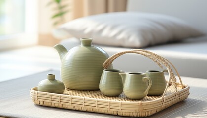 Fototapeta na wymiar Asian tea concept with white tea cups, teapot, tea set, and dry green tea on white background