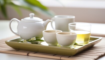Fototapeta na wymiar Asian tea concept with white tea cups, teapot, tea set, and dry green tea on white background