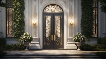 the details of a modern designer entrance door, complemented by the opulence of the house's...