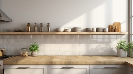 A realistic and well-lit image showcasing the details of a modern kitchen setting, including countertops, appliances, and an empty space intentionally left for text placement. - obrazy, fototapety, plakaty