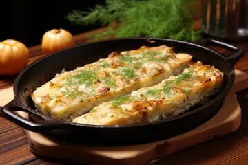 Deliciously roasted fish in a sizzling pan, served with fragrant herbs and zesty lemon