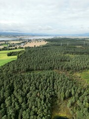 Drone shot of the dense Devilla forest in Fife looking towards the River Forth and Kincardine Bridge
