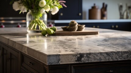 Obraz na płótnie Canvas a marble granite kitchen counter island, highlighting the intricate veining and details of the stone surface.