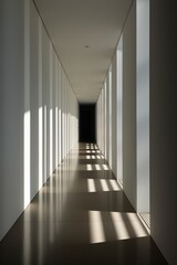 An HD close-up photograph of a corridor, highlighting the interplay of light and shadow on the walls and floor. The minimalist design and selective use of lighting create a captivating atmosphere.
