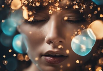 Dreaming Amidst Christmas Lights Bokeh: Close-Up of a Beautiful Girl Adorned with Festive Golden Stars