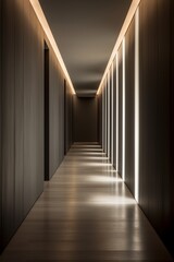 a corridor, highlighting the interplay of light and shadow on the walls and floor. The minimalist design and selective use of lighting create a captivating atmosphere.