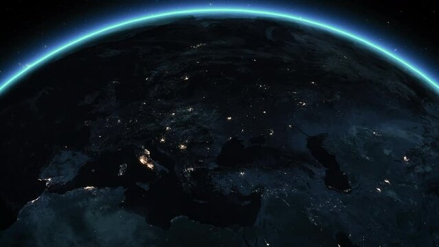 Animation of Planet Earth Seen from Space with city lights.  Power Outage, Blackout in Europe Turning Lights Off. 
