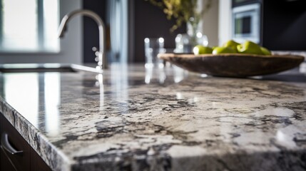 a marble granite kitchen counter island, highlighting the intricate veining and details of the...