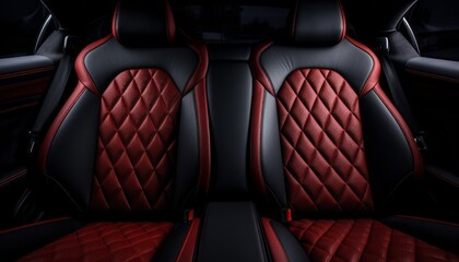 Front view of red leather back passenger seats in modern luxury car with sleek design - obrazy, fototapety, plakaty