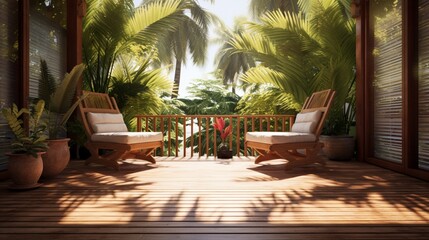 a wooden balcony patio deck bathed in sunlight, surrounded by lush coconut trees.