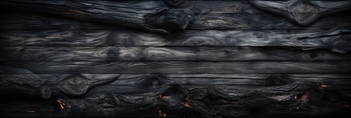 Burned wood texture background, banner with charred black timber. Abstract pattern of dark burnt scorched tree. Concept of charcoal, coal, grill, embers, fire, firewood, barbecue
