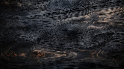 Burned wood texture background, charred black timber close-up. Abstract pattern of dark burnt scorched tree. Concept of charcoal, coal, grill, embers, wallpaper, firewood, barbecue - obrazy, fototapety, plakaty