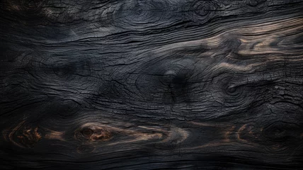 Fototapeten Burned wood texture background, charred black timber close-up. Abstract pattern of dark burnt scorched tree. Concept of charcoal, coal, grill, embers, wallpaper, firewood, barbecue © Natalya
