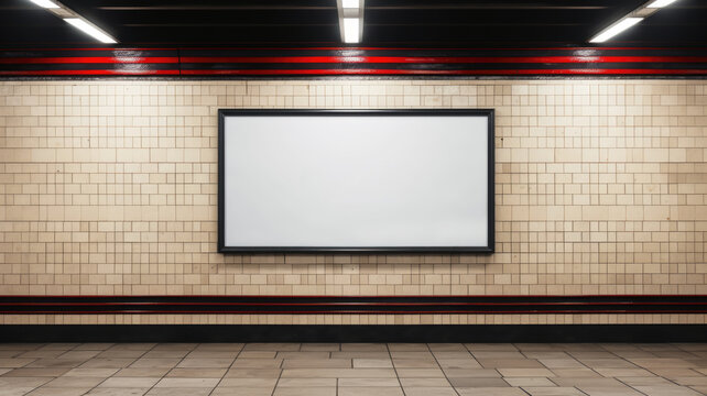 Blank billboard in subway, white poster mockup on tiled wall. Empty banner for advertising in metro hallway. Concept of frame, background, underground, template, mock up